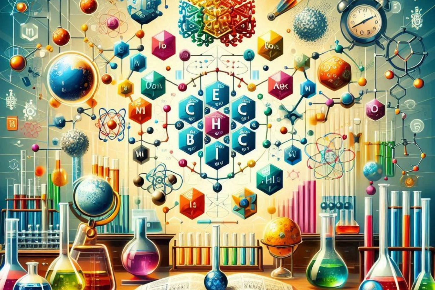 An educational illustration showcasing key aspects of chemistry, featuring a colorful periodic table, molecular structures, a laboratory setup with test tubes, beakers, and flasks, and a symbolic timeline representing the evolution of chemistry from ancient alchemy to modern science. The background is clean and academic, with vibrant colors and a structured layout designed to engage and educate viewers,Some basic Concepts of Chemistry
